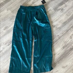 Teal Satin Wide-Leg Cargo Pants